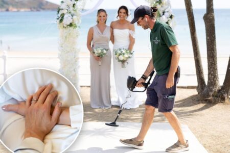 Bride calls metal detectorist mid wedding after losing ring during bee attack on beach Bride calls metal detectorist mid wedding after losing ring during bee attack on beach