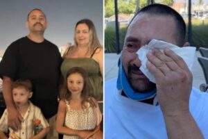 Devastating moment father breaks down in tears after wife, two young kids decapitated in horror crash