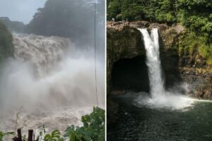 Hawaii waterfall’s dramatic boom captured in wild before and after footage following hurricane