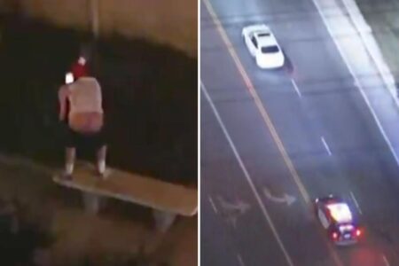 Excited bystander flashes his butt cheeks as hours-long police pursuit rolls through LA neighborhood
