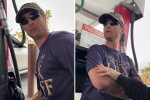 Moment unhinged man goes ballistic at California gas station after cutting the line — until his mommy comes to the rescue