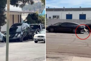 Wild moment LA Porsche owner speeds off in his car mid-tow, leaving bumper behind in frantic escape