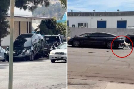 Wild moment LA Porsche owner speeds off in his car mid-tow, leaving bumper behind in frantic escape
