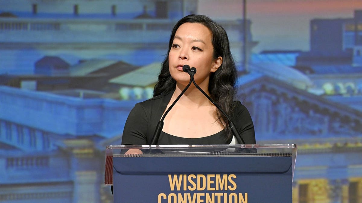 Francesca Hong speaks on stage at the Wisconsin Democrats 2026 Convention.