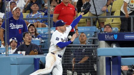 Dodgers star Freddie Freeman takes scary tumble down dugout steps trying to catch pop fly