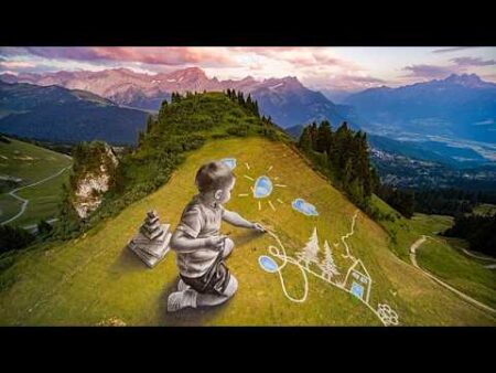 Child’s play: French artist Saype’s giant ephemeral frescoes takeover Swiss alpine resort