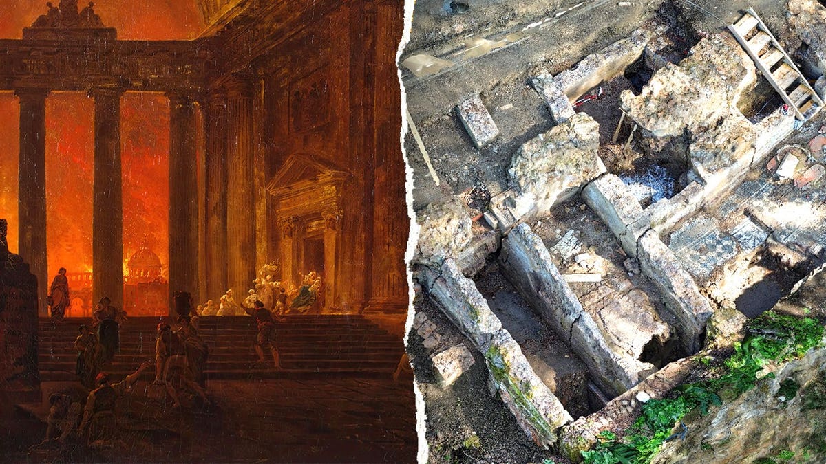 Split image of painting of Rome burning, aerial view of ruined barracks