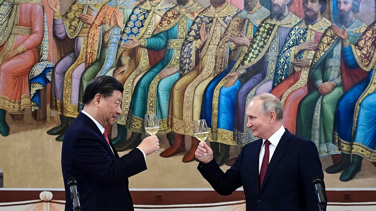 FILE - Russian President Vladimir Putin, right, and Chinese President Xi Jinping toast during their dinner at The Palace of the Facets, a building in the Moscow Kremlin, Russia, March 21, 2023. China’s leader Xi just concluded his three-day visit with Russian President Putin, a warm affair in which the two men praised each other and spoke of a profound friendship. It’s a high in a complicated, centuries-long relationship in which the two countries have been allies and enemies. (Pavel Byrkin, Sputnik, Kremlin Pool Photo via AP, File)