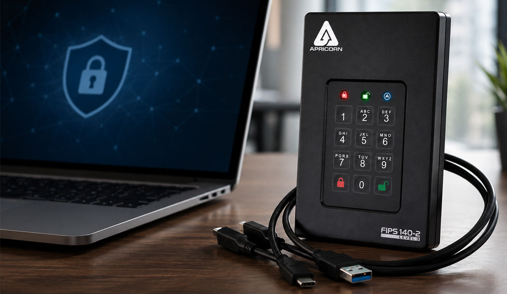 Apricorn Aegis Fortress L3 encrypted portable drive beside a laptop