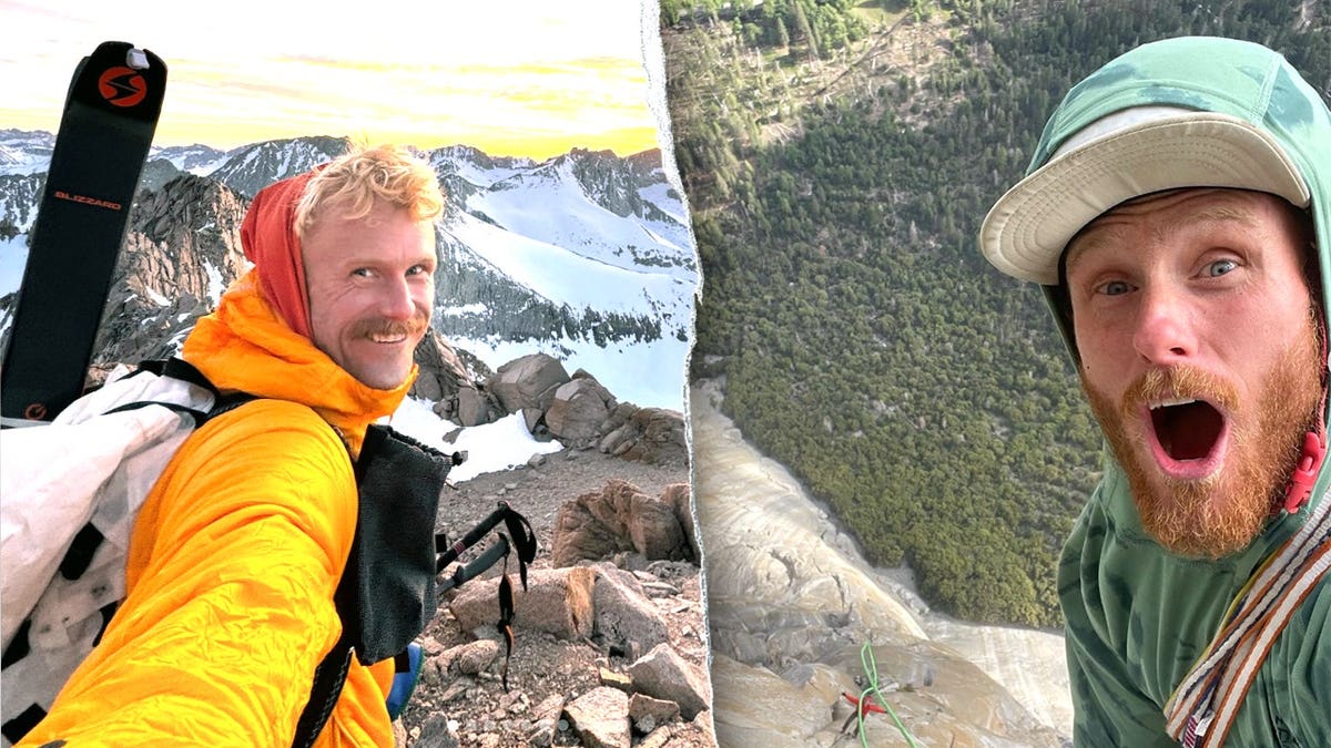 Two images of Jake while hiking on mountains