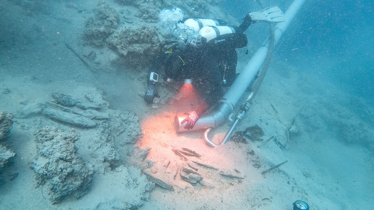 View of diver analyzing shipwreck underwater