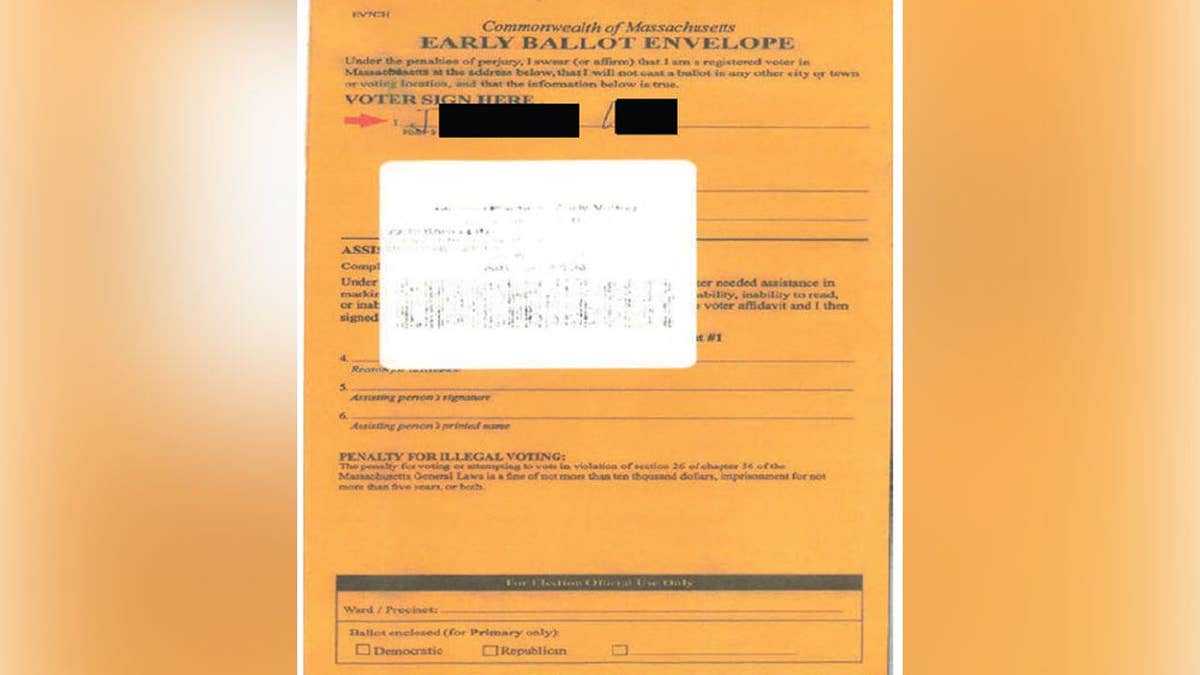 Massachusetts early voting ballot envelope submitted under alleged voter fraud victim’s name