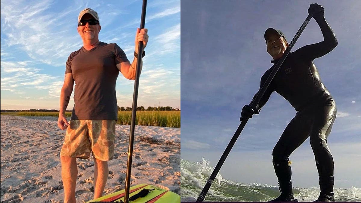split image shows two photos of Willetts on a paddleboard.