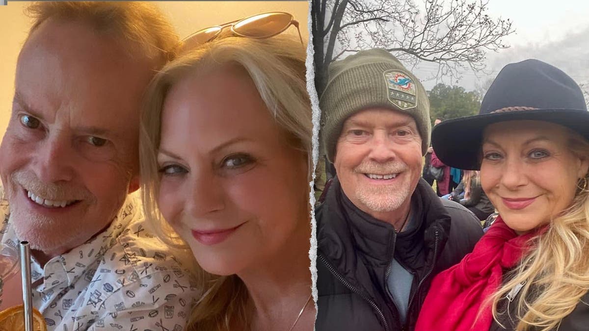 split image showing two photos of the couple