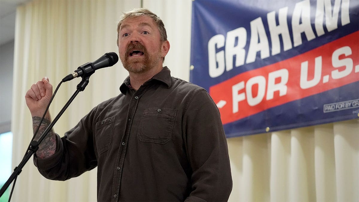 Democratic Senate candidate in Maine Graham Platner speaks to supporters in Portland