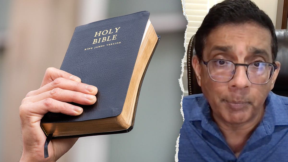 Split image of person holding bible next to Dinesh speaking
