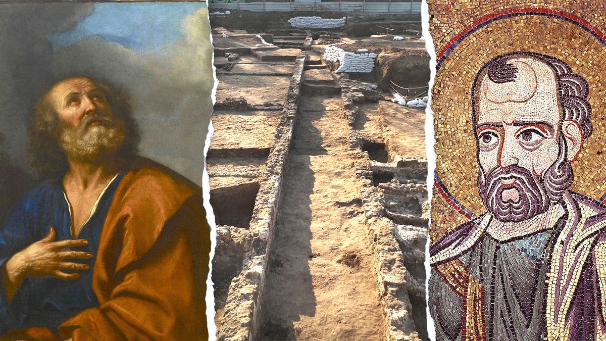 Split image of St. Peter, excavation site, Jonah