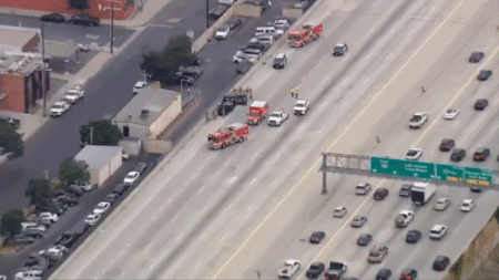 Overturned cars shut down multiple 405 Freeway lanes in West Los Angeles during morning commute