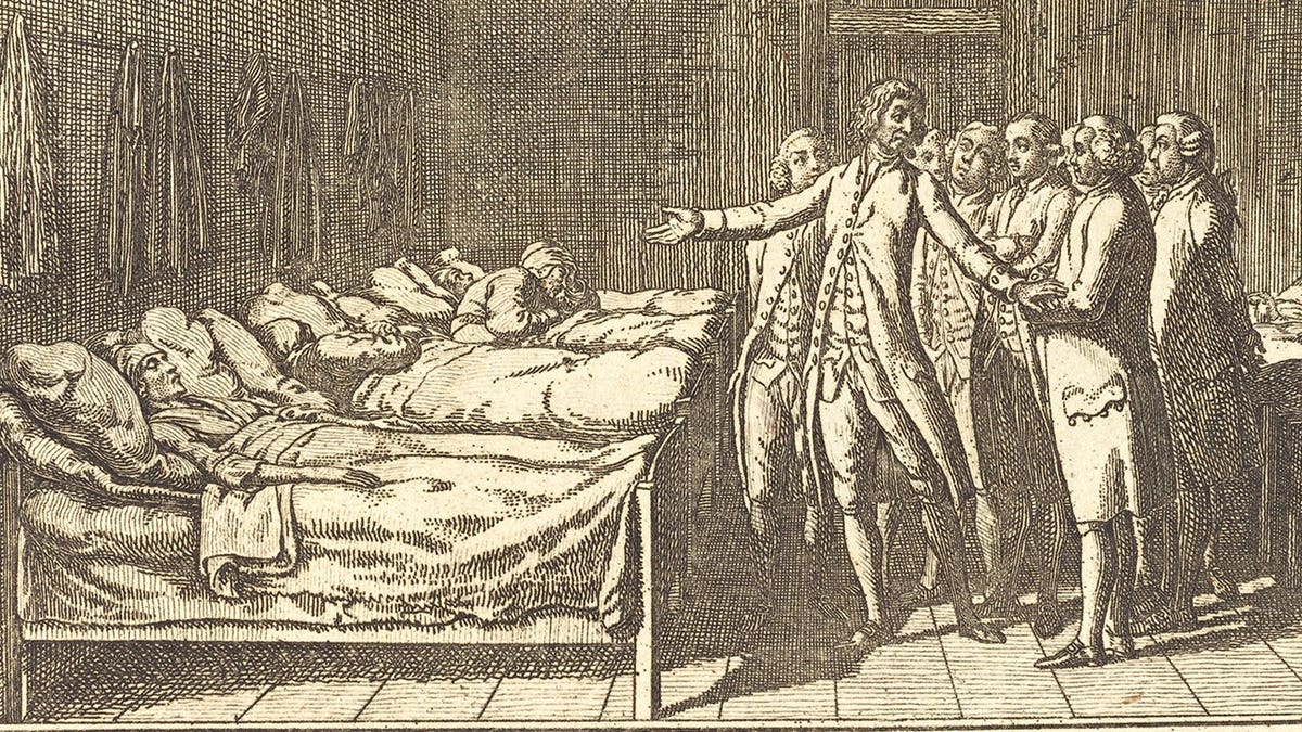 Etching of 18th century doctor with smallpox patient