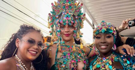 Rihanna Stuns in Barely-There Carnival Costume With Jewels, Feathers and Body Cutouts