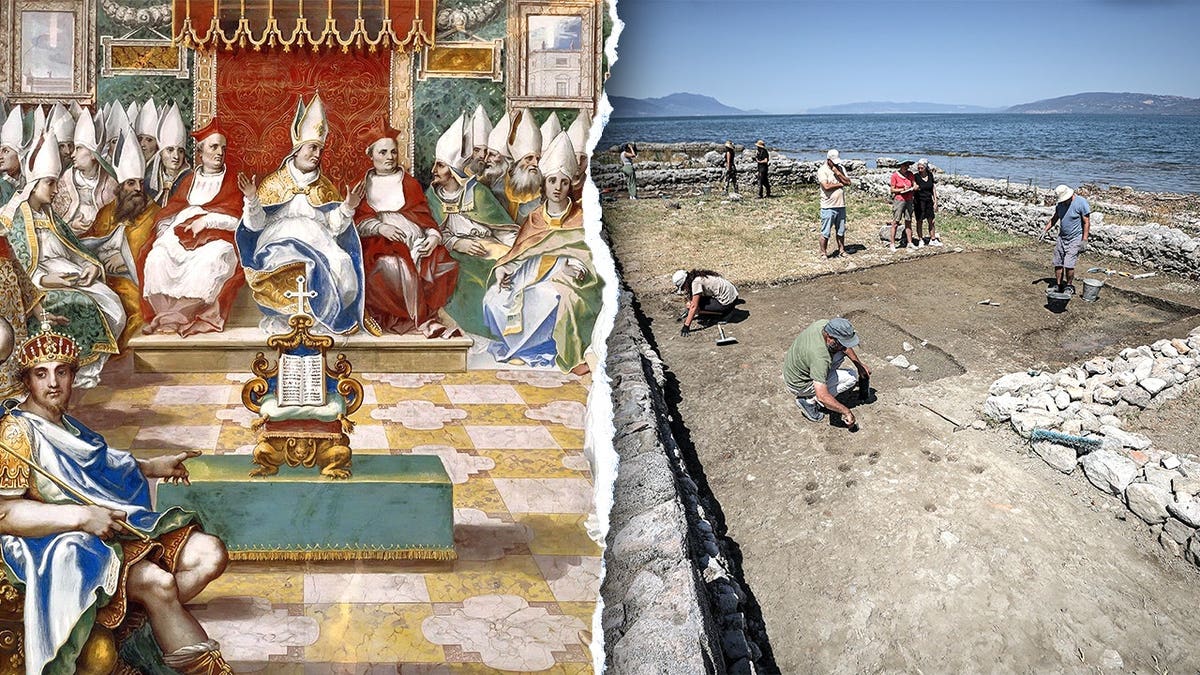 Split image of Council of Nicaea, image of archaeologists working