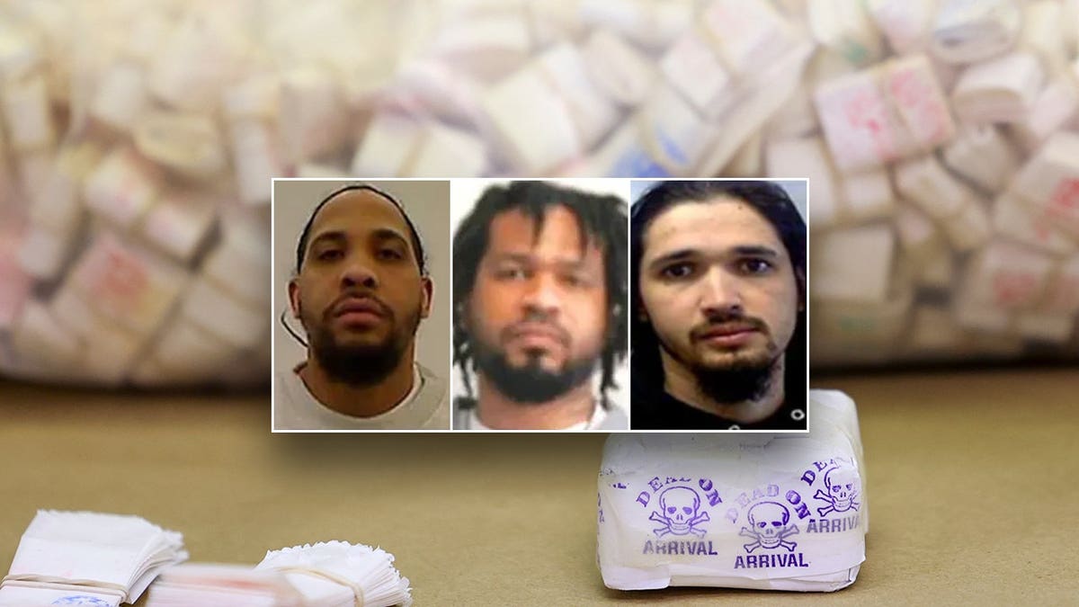 Inset of three foreign nationals allegedly involved with fentanyl-related crimes atop a file photo of fentanyl pills