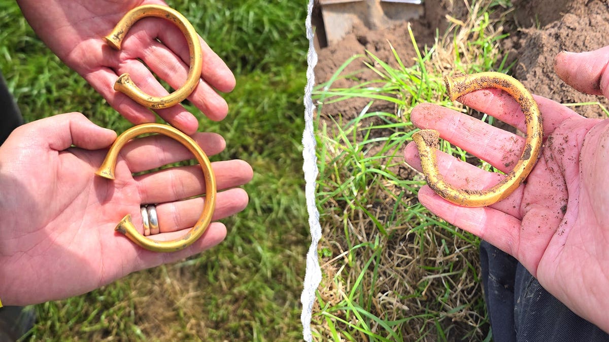Split image of hand holding torc bracelets