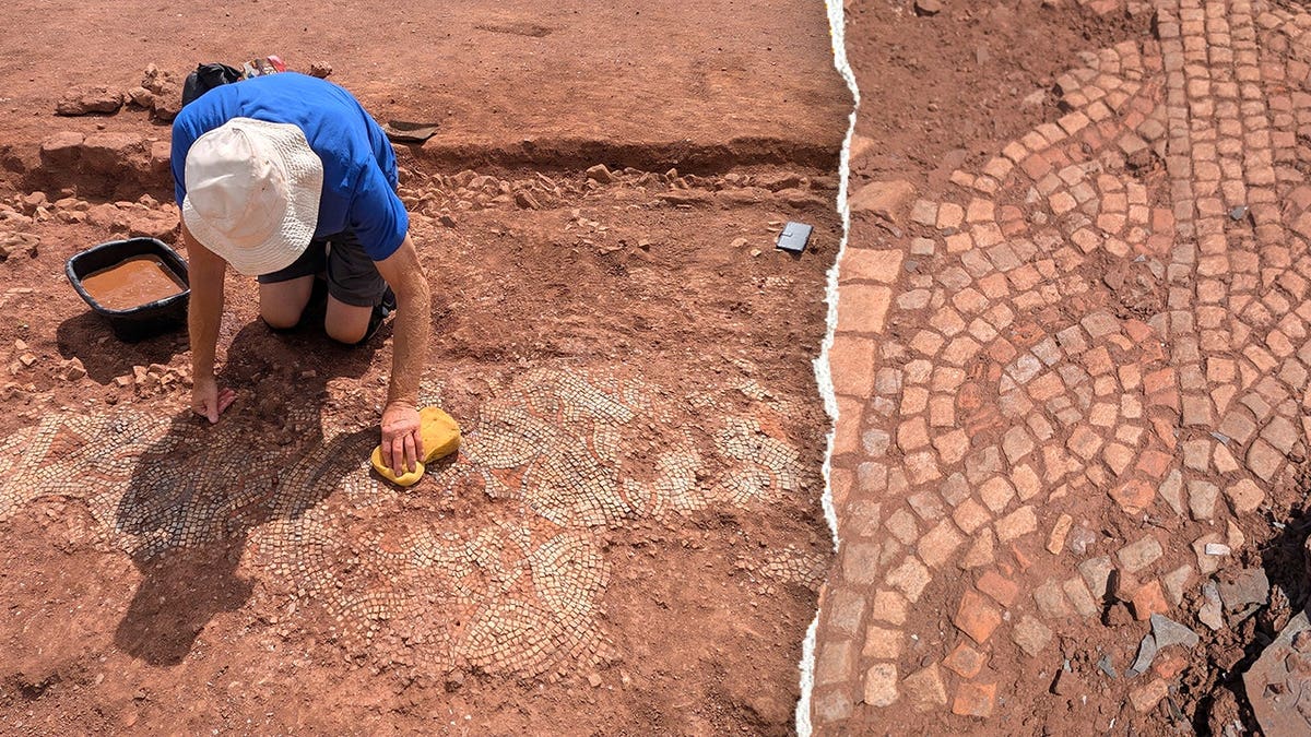 Split image of archaeologist working, details of mosaic