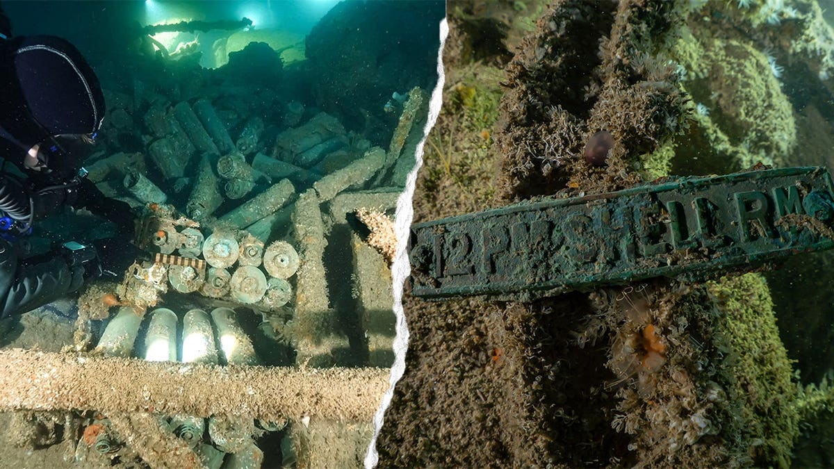 Split image diver documenting ship, close-up image of artifact