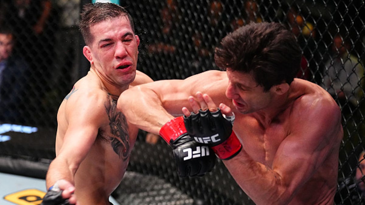 LAS VEGAS, NEVADA - NOVEMBER 01: (R-L) Allan Nascimento of Brazil elbows Cody Durden in a 130-pound catchweight fight during the UFC Fight Night event at UFC APEX on November 01, 2025 in Las Vegas, Nevada.  (Photo by Chris Unger/Zuffa LLC)