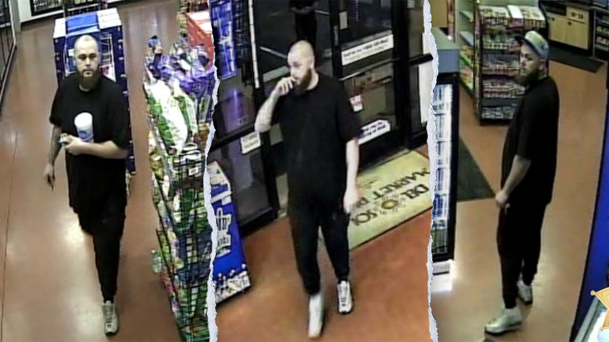 A split image showing Alex Barnett on surveillance video inside a gas station convenience store