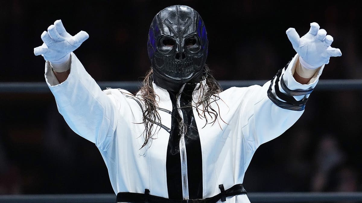 Andrade El Idolo enters the ring during New Japan Pro-Wrestling at Ota-City General Gymnasium in Tokyo.
