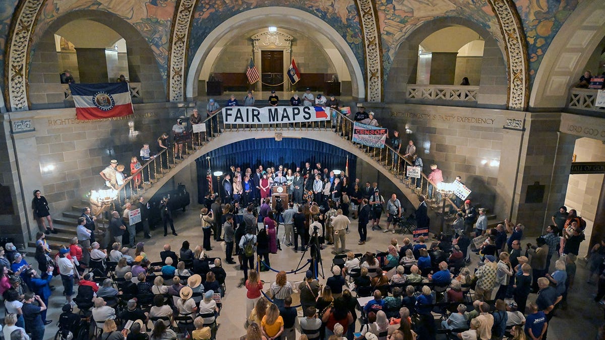 Missouri Sen. Doug Beck speaks during a press conference inside the Capitol rotunda.