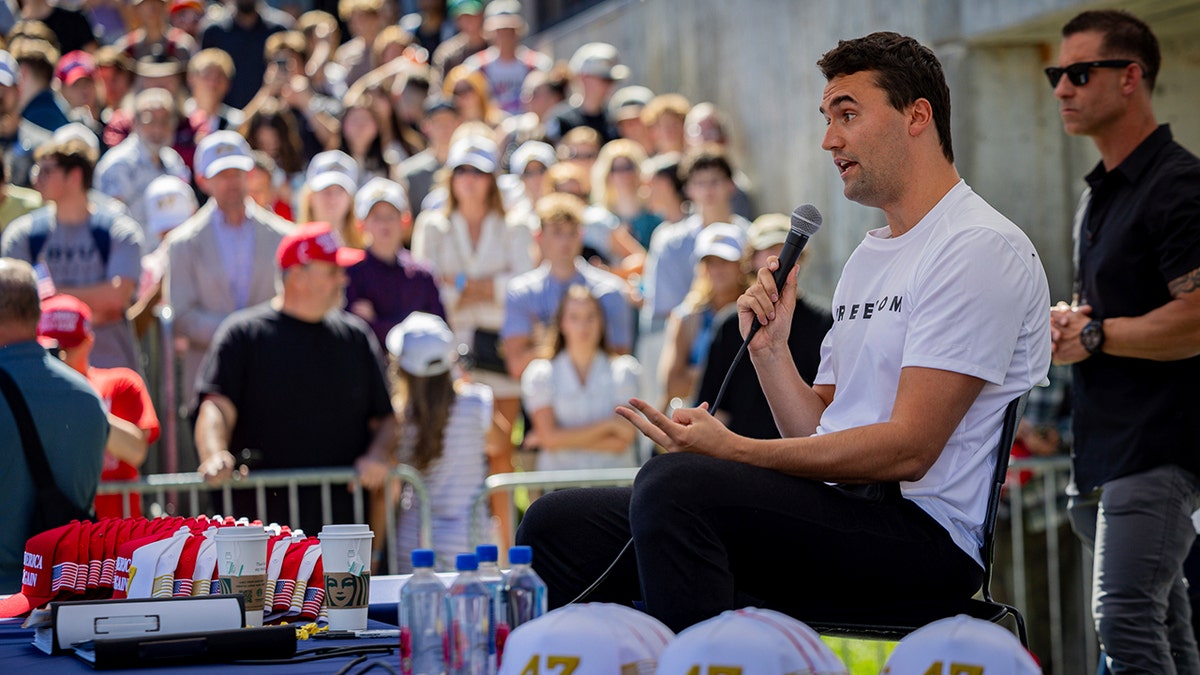 Charlie Kirk speaks to the audience just before he was shot