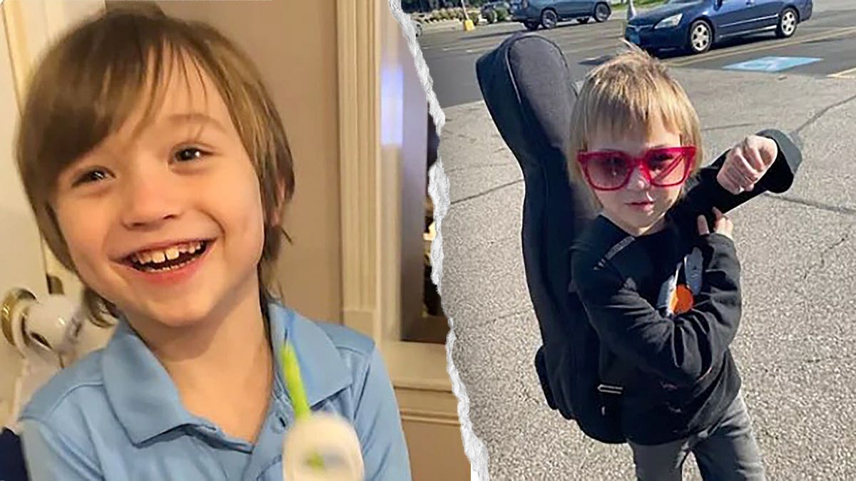 Family photos of 7-year-old William Evans smiling indoors and sitting in a car seat while wearing pink sunglasses.