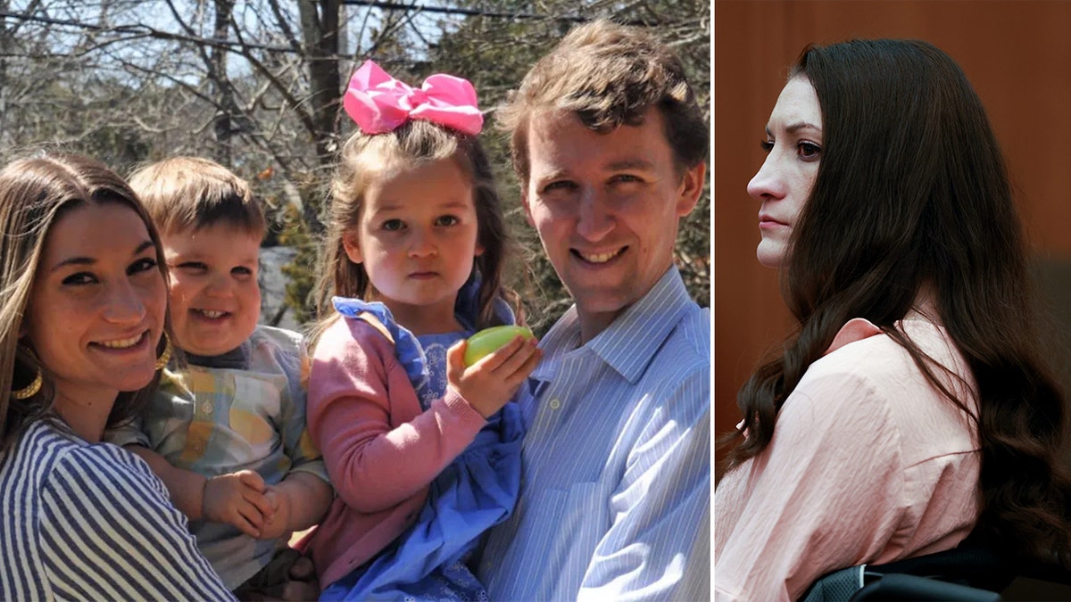 Split picture of Lindsay Clancy with kids and husband and Lindsay Clancy in court to the right