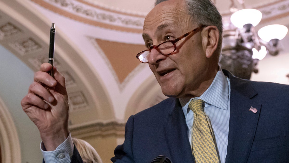 FILE - In this June 19, 2018 file photo, Senate Minority Leader Chuck Schumer, D-N.Y., talks during a news conference on Capitol Hill in Washington. Schumer tried Monday to rally public opposition to any Supreme Court pick by President Donald Trump who'd oppose abortion rights, issuing a striking campaign season call to action for voters to prevent such a nominee by putting