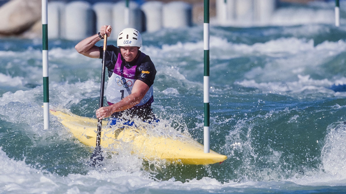 David Hearn competes in the Men's C1 whitewater canoeing event.