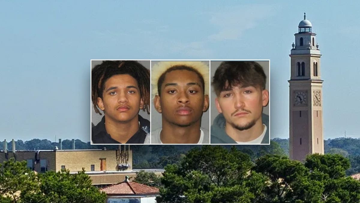 image shows three mugshots with LSU campus in background