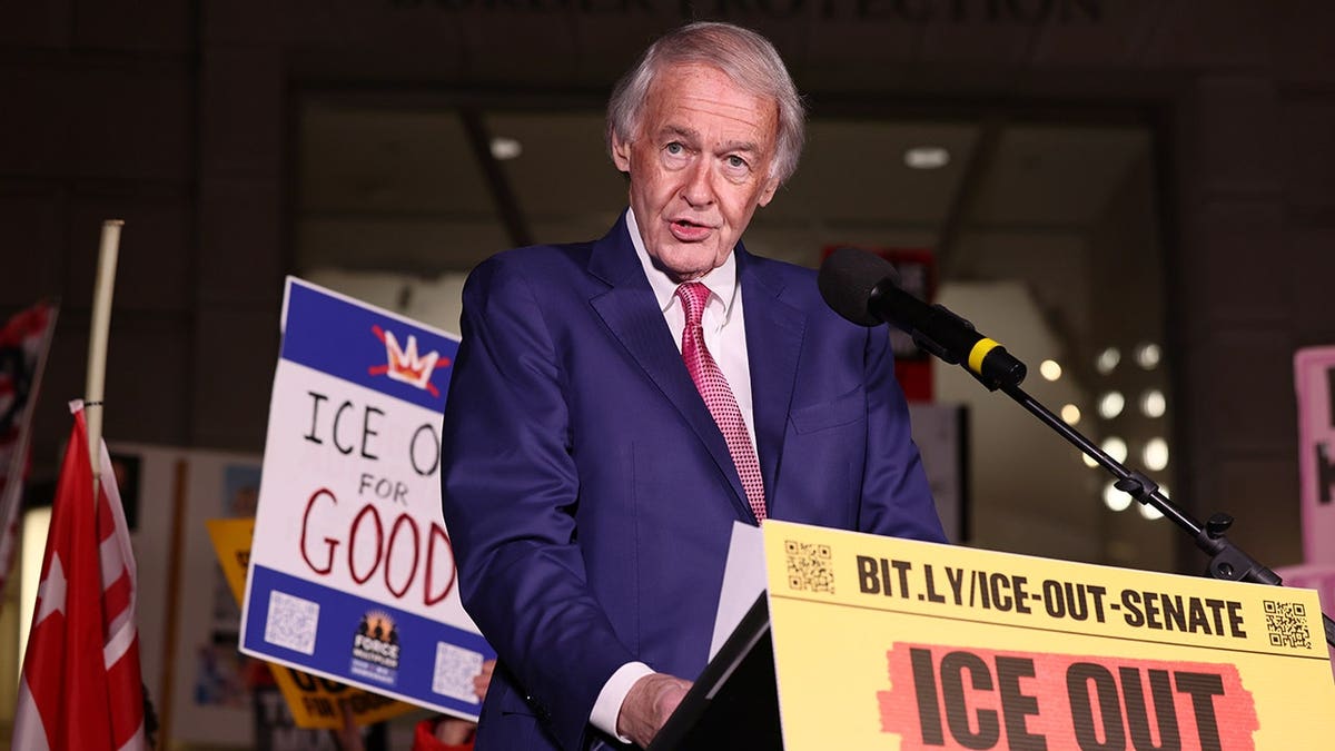 Sen. Ed Markey speaking at a protest outside U.S. Customs and Border Protection office in Washington, D.C.