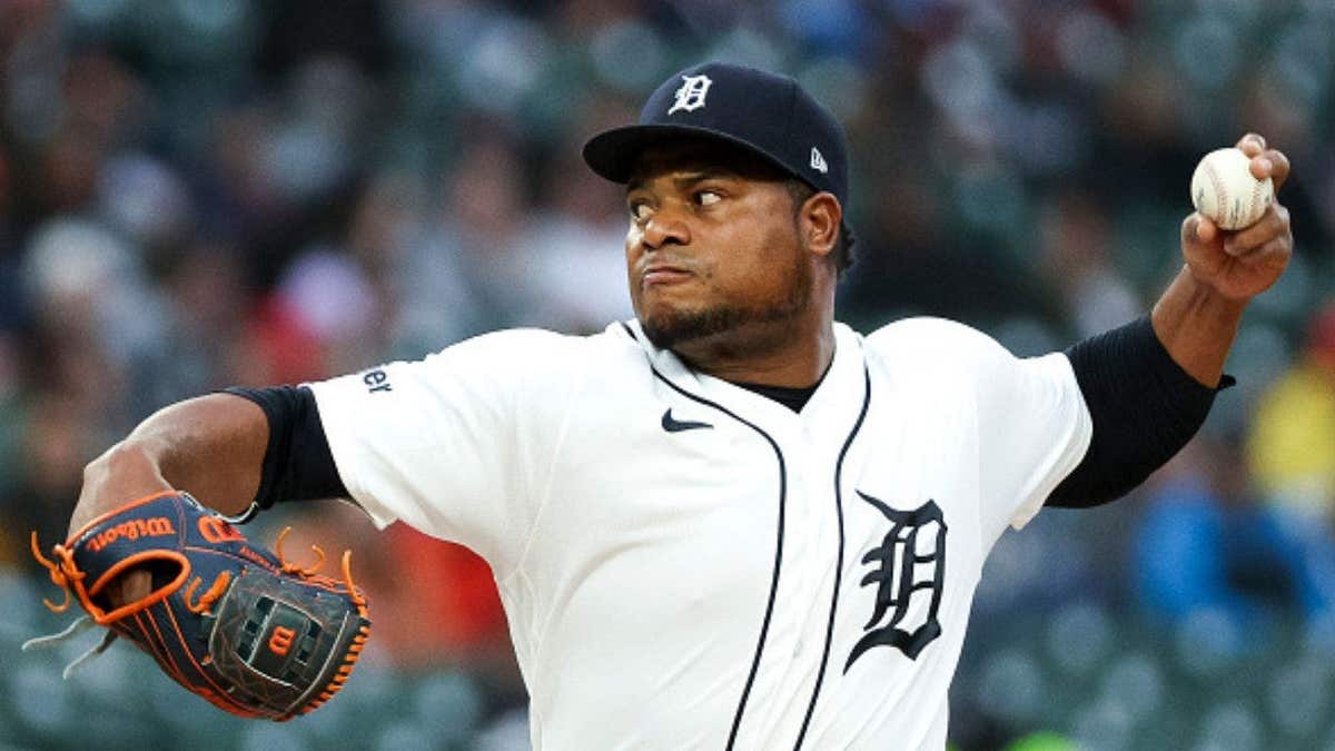 DETROIT, MICHIGAN - MAY 05: Framber Valdez #59 of the Detroit Tigers throws a pitch in the third inning of the game against the Boston Red Sox at Comerica Park on May 05, 2026 in Detroit, Michigan. (Photo by Mike Mulholland/Getty Images)