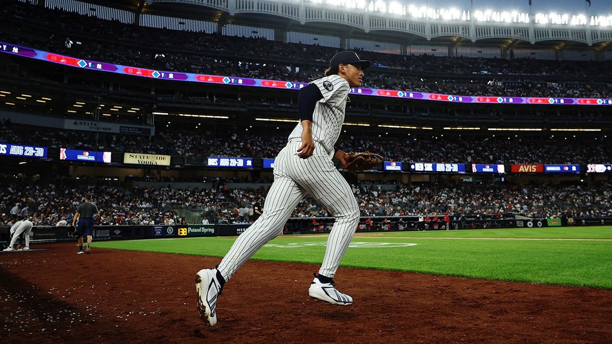 George Lombard Jr. takes the field during his MLB debut at Yankee Stadium.