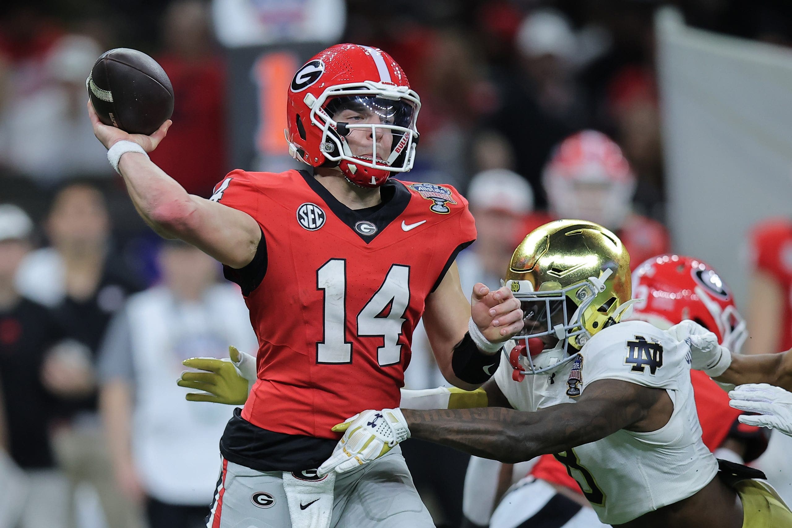 Gunnar Stockton and Georgia lost to Notre Dame in the College Football Playoff two seasons ago. (Photo by Jonathan Bachman/Getty Images)