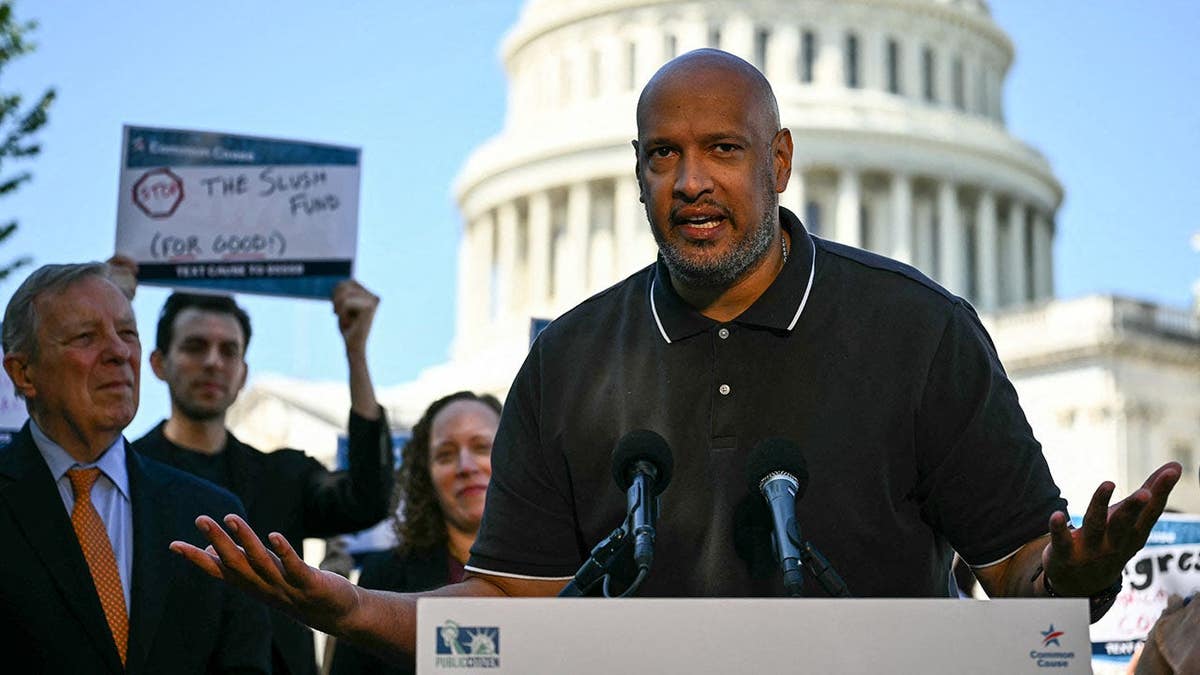 Former Capitol Police officer Harry Dunn speaking at a protest outside the US Capitol building in Washington, D.C.