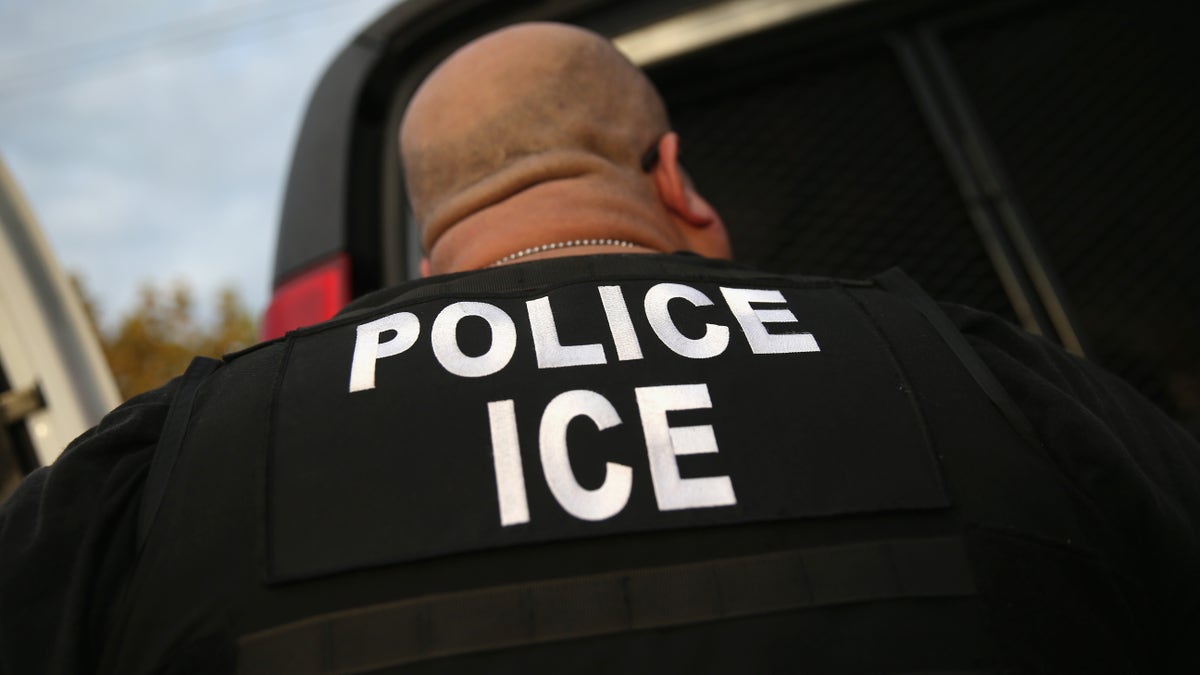 The back of a U.S. Immigration and Customs Enforcement officer wearing a vest labeled 