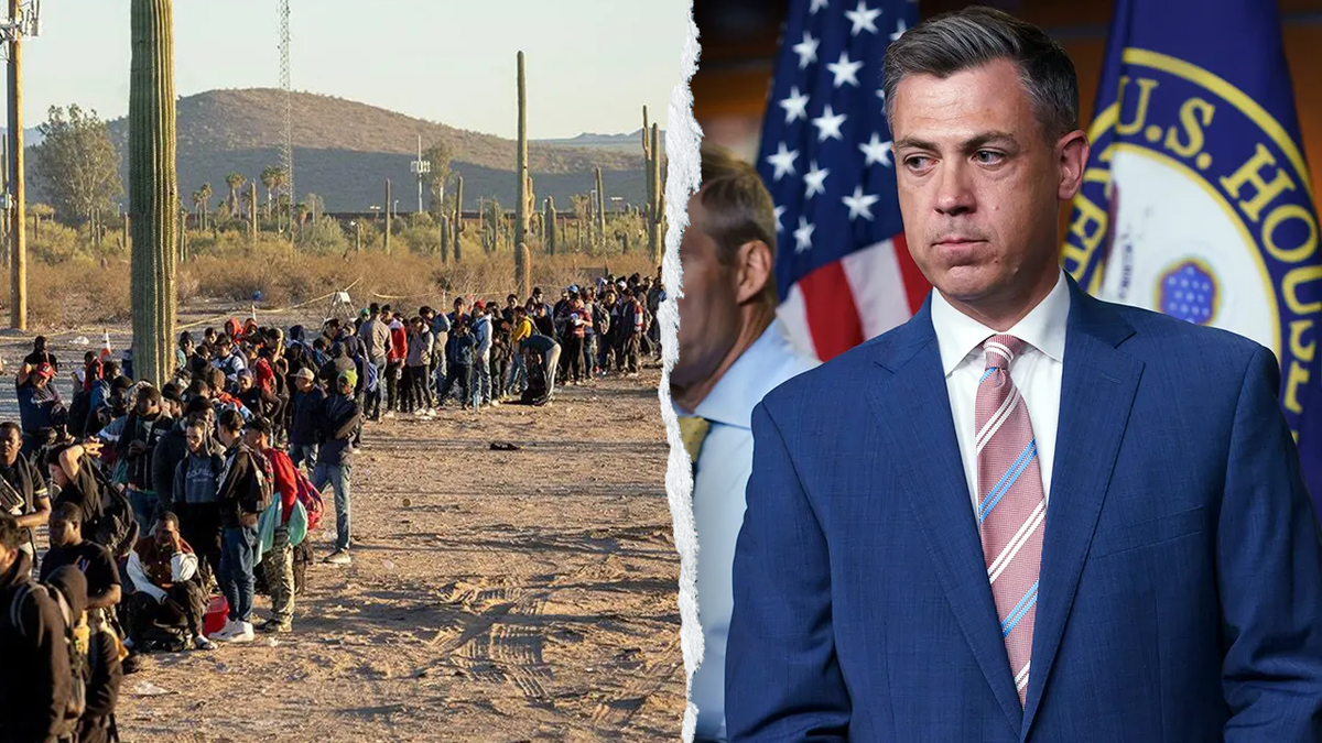 Sen. Jim Banks aside from a line of immigrants at the southern border