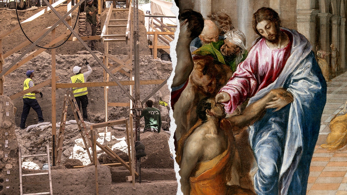 Split image of workers at site, painting of Jesus healing blind man