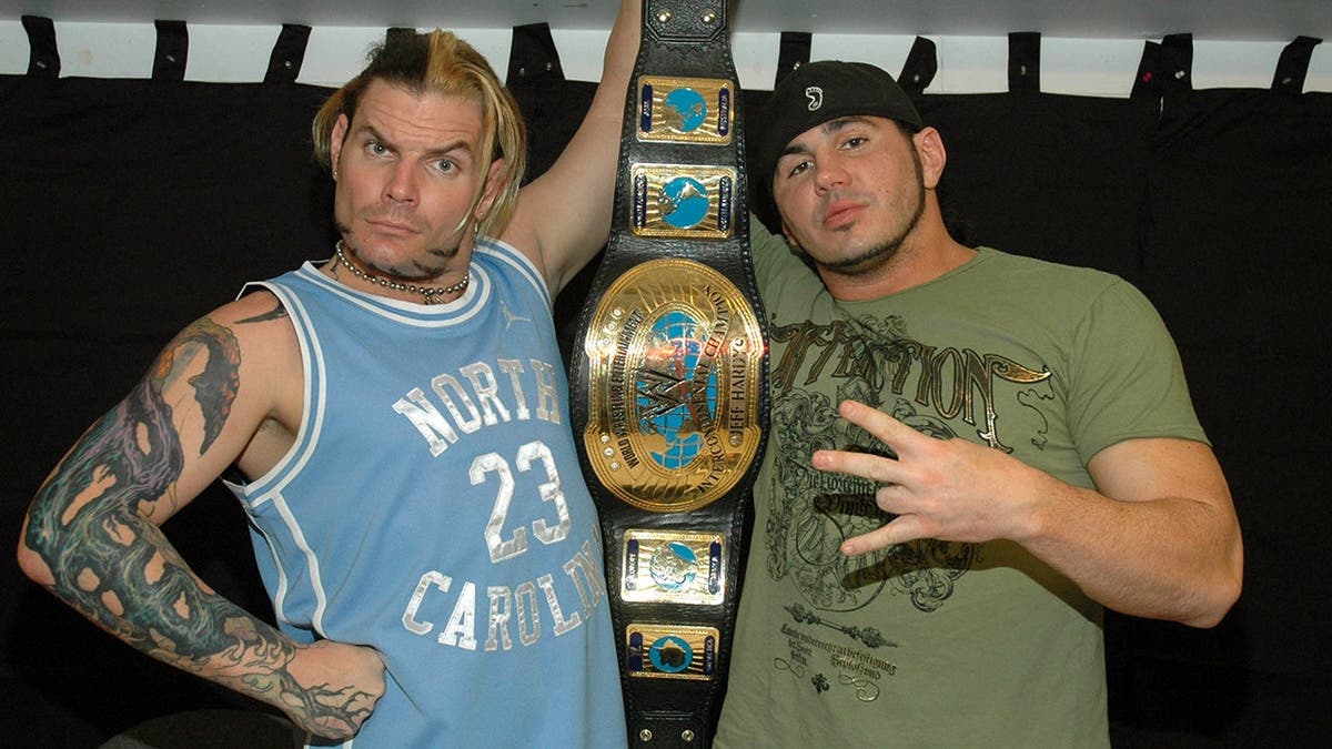 Jeff Hardy and Matt Hardy stand together.