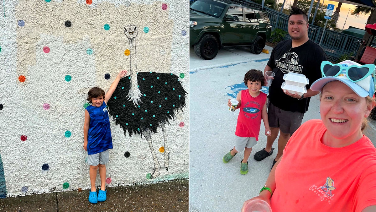 Split image of a young boy pointing at a painted ostrich wall mural and a family smiling together outdoors in a parking lot.