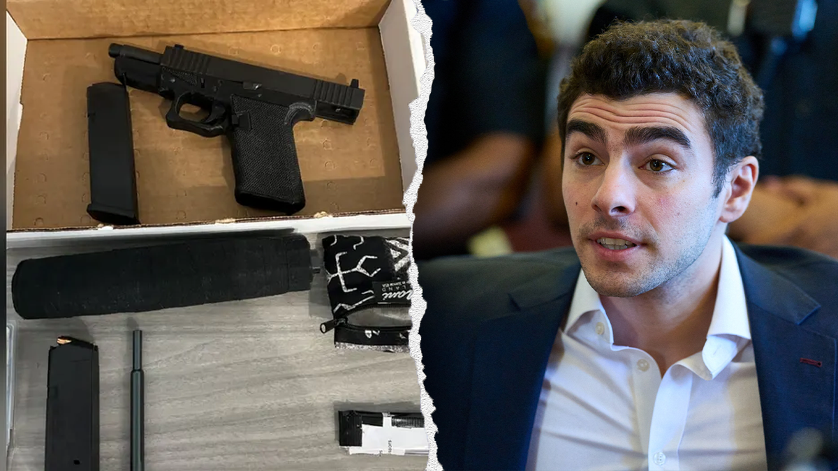 A split image showing Luigi Mangione in court and his alleged handgun and 3D-printed silencer